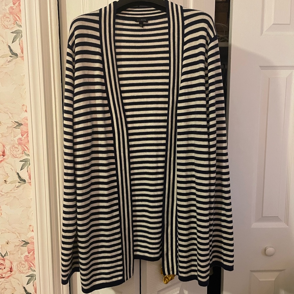 Talbots Navy Blue and White Striped Cardigan